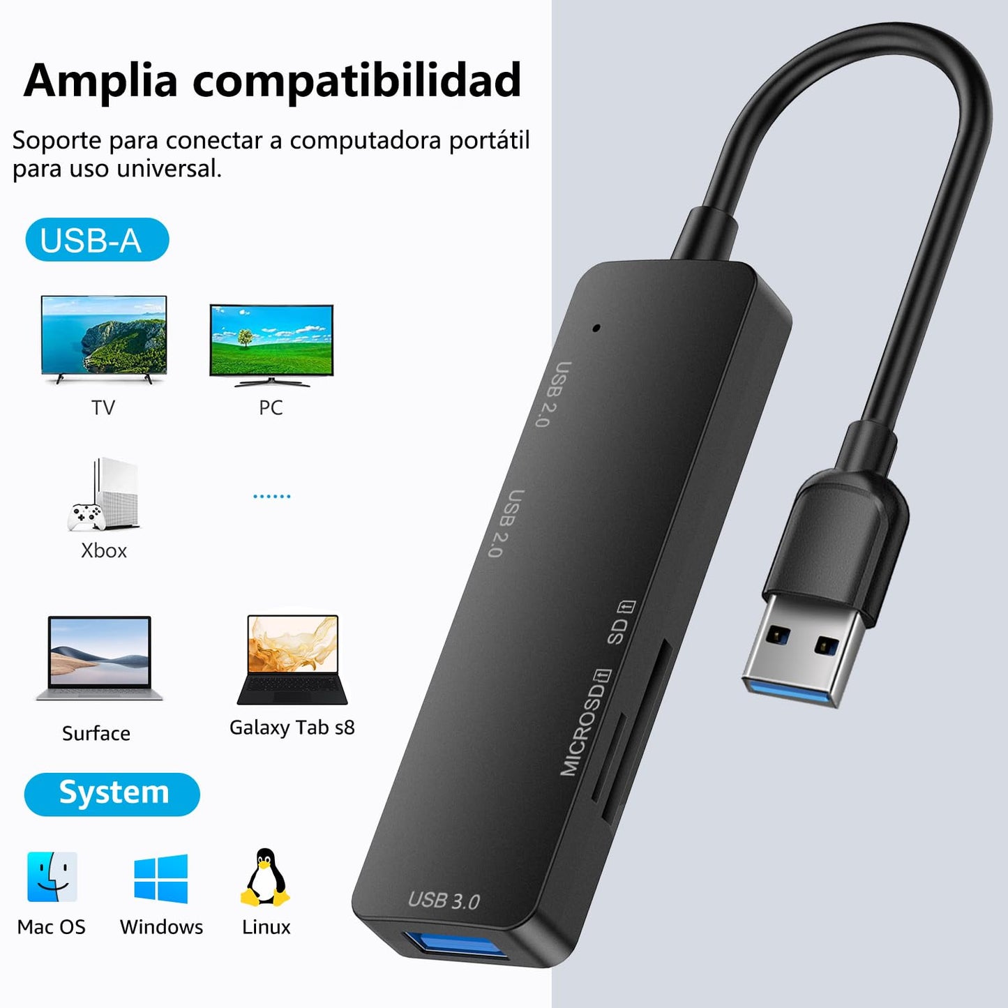 Hub USB 3.0 MORNWELL Negro 5 en 1 Portátil Compatible con Macbook, PC y Consolas
