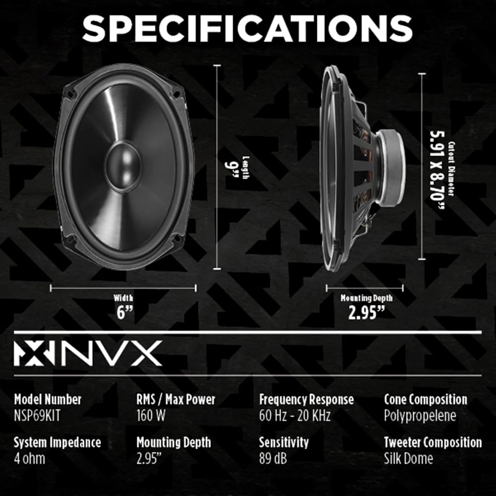 NVX® NSP69KIT - Altavoces para coche de 6 x 9, 920 W máximo, 320 W RMS, sistema de componentes de 2 vías con tweeters de cúpula de seda y X-overs pasivos, fácil de instalar en coches/camiones/puertas