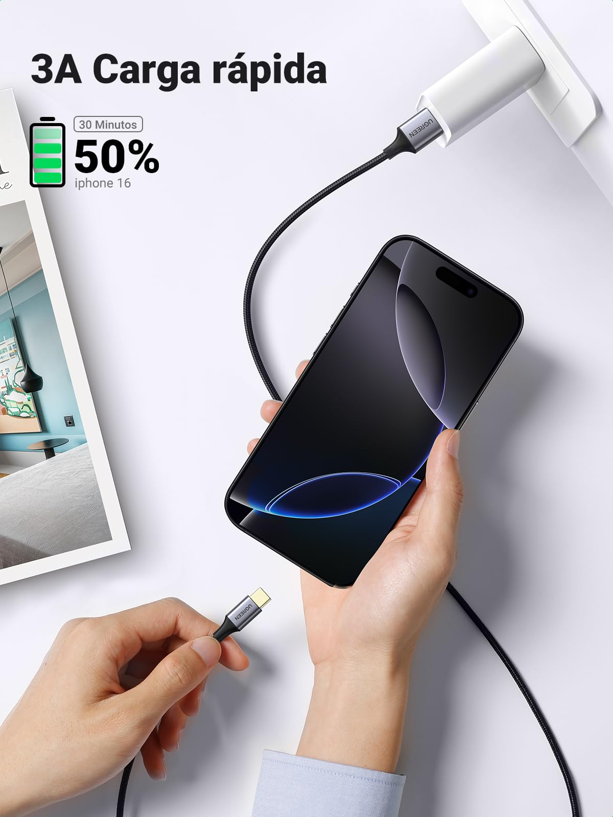 Cable USB C UGREEN 1M Carga Rápida 5Gbps Nylon para iPhone y Galaxy
