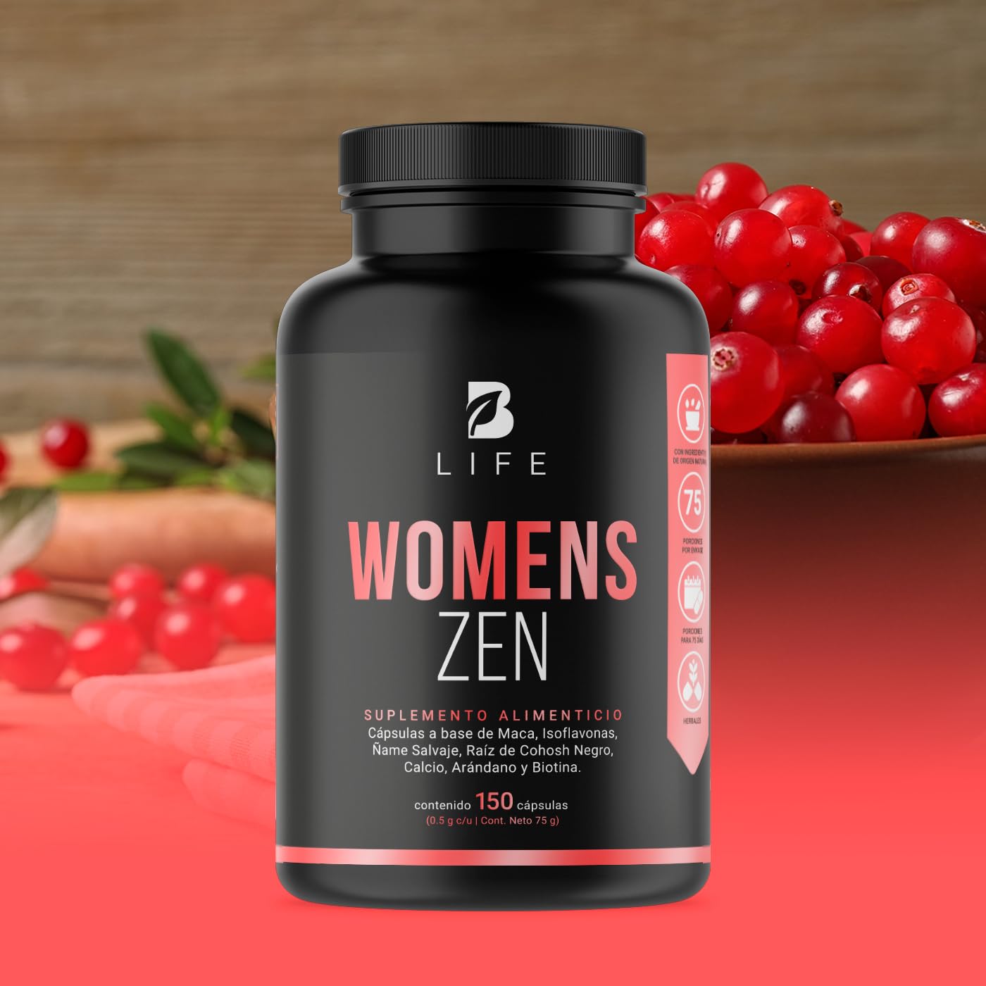 B Life Company Womens Zen de 150 Cápsulas. Ingredientes Naturales: Maca, Isoflavonas, Ñame Salvaje, Arándano, Raíz de Cohosh Negro, Calcio y Biotina. Womens Zen