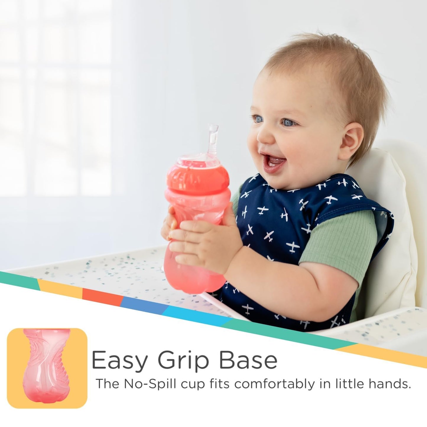 Nuby - Paquete de 3 tazas flexibles sin derrames para beber, a prueba de derrames con agarre fácil y firme, color aguamarina, amarillo, coral