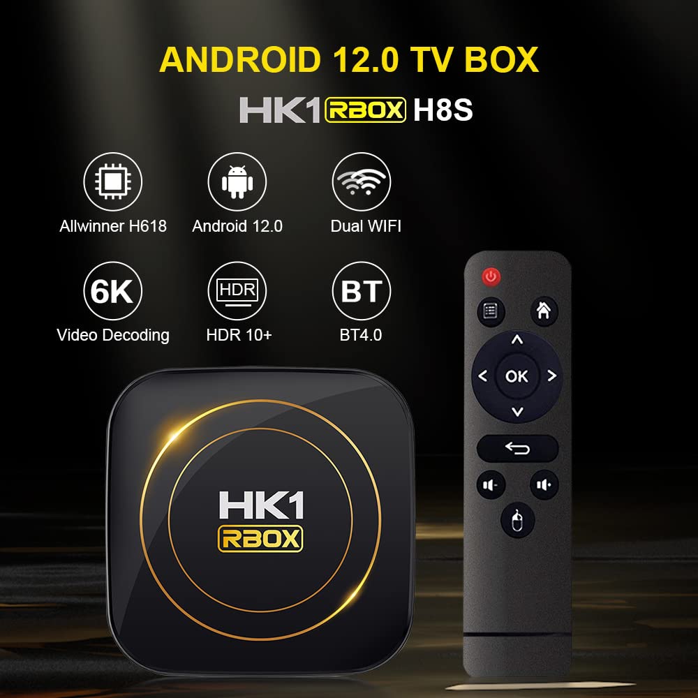 Caja de TV Android 12.0, HK1 RBOX 4 GB RAM 64 GB ROM H618 Quad-Core 64 bits CPU compatible con WiFi6 Dual 2.4G/5.8GHZ Ethernet BT4.2 4K 6K HDR10+ Ultra HD Smart Home Player