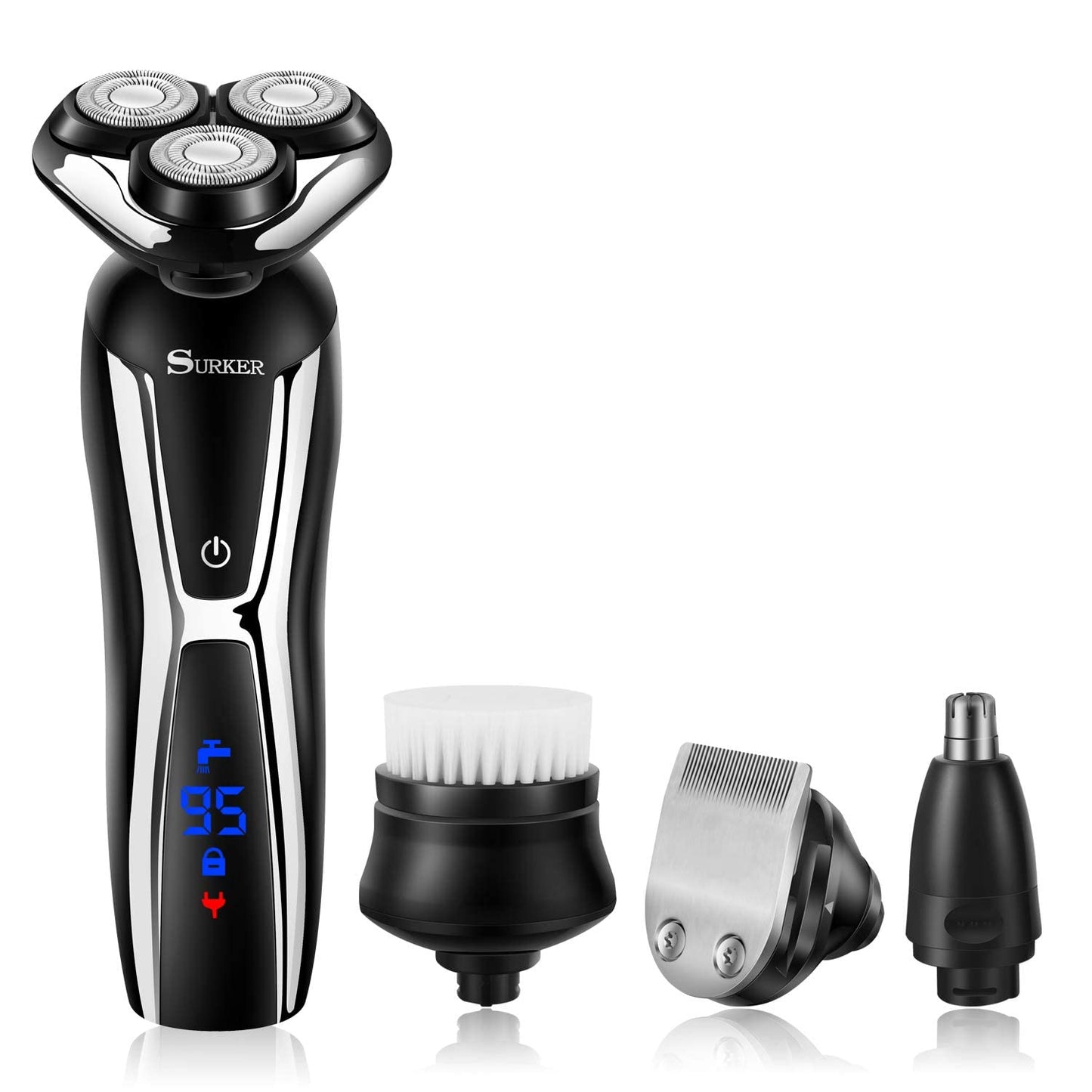 SURKER Maquinilla de afeitar eléctrica sin cable para barba para hombres, recortadora de pelo de nariz 3 en 1, kit de aseo más 1 cepillo de limpieza facial impermeable, recargable por USB, seco y húmedo