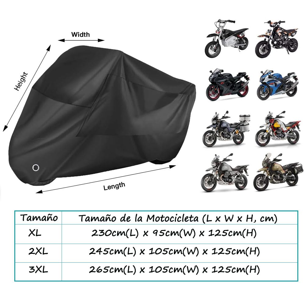 Herpet Funda para Moto Cubierta de la Motocicleta Impermeable - Tejido de Poliéster Recubierto 190T, Impermeable A Prueba de UV Agua Lluvia Polvo Viento Nieve 265 x 105 x 125 CM (3XL, Negro)