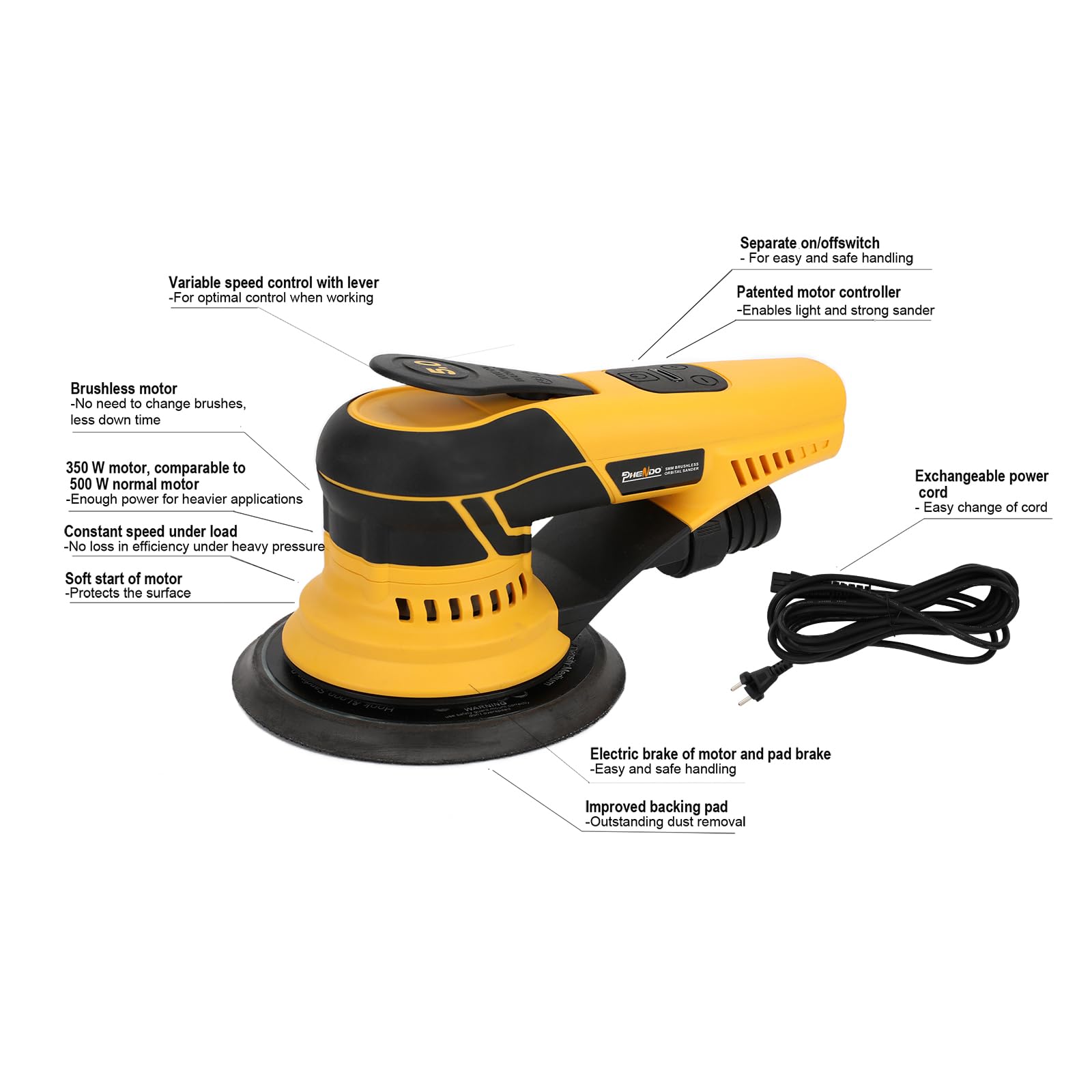 PHENDO Lijadora orbital aleatoria eléctrica de 350 W 3A con cable enchufable, aspiradora central, lijadoras para carpintería, madera primaria y procesamiento de paneles