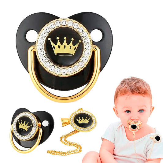Chupón/Chupete para Bebé, Diseño VIP de Corona con Mamilla Ergonómica Libre de BPA para Niño y Niña + Clip de Seguridad y Tapa protectora | 0 a 18 meses (Negro/Corona Dorada)