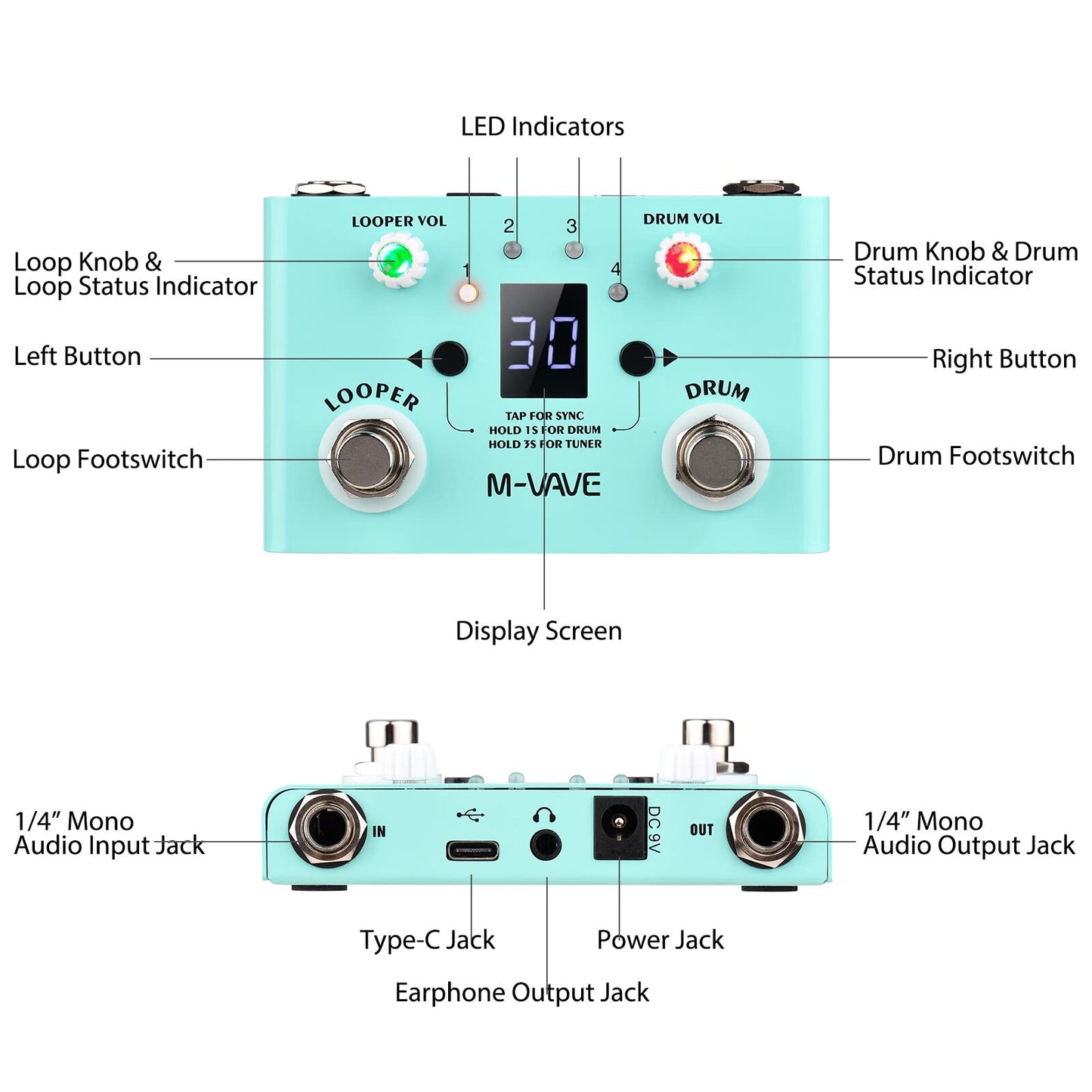 LOST TEMPO Pedal de efectos Drum & Looper Effector Mini 2-in-1 Looper & Drum Machine Footswitch Looper Pedal Looper Pedal de guitarra 30 tambores y 4 bucles Sintonizador de alta precisión