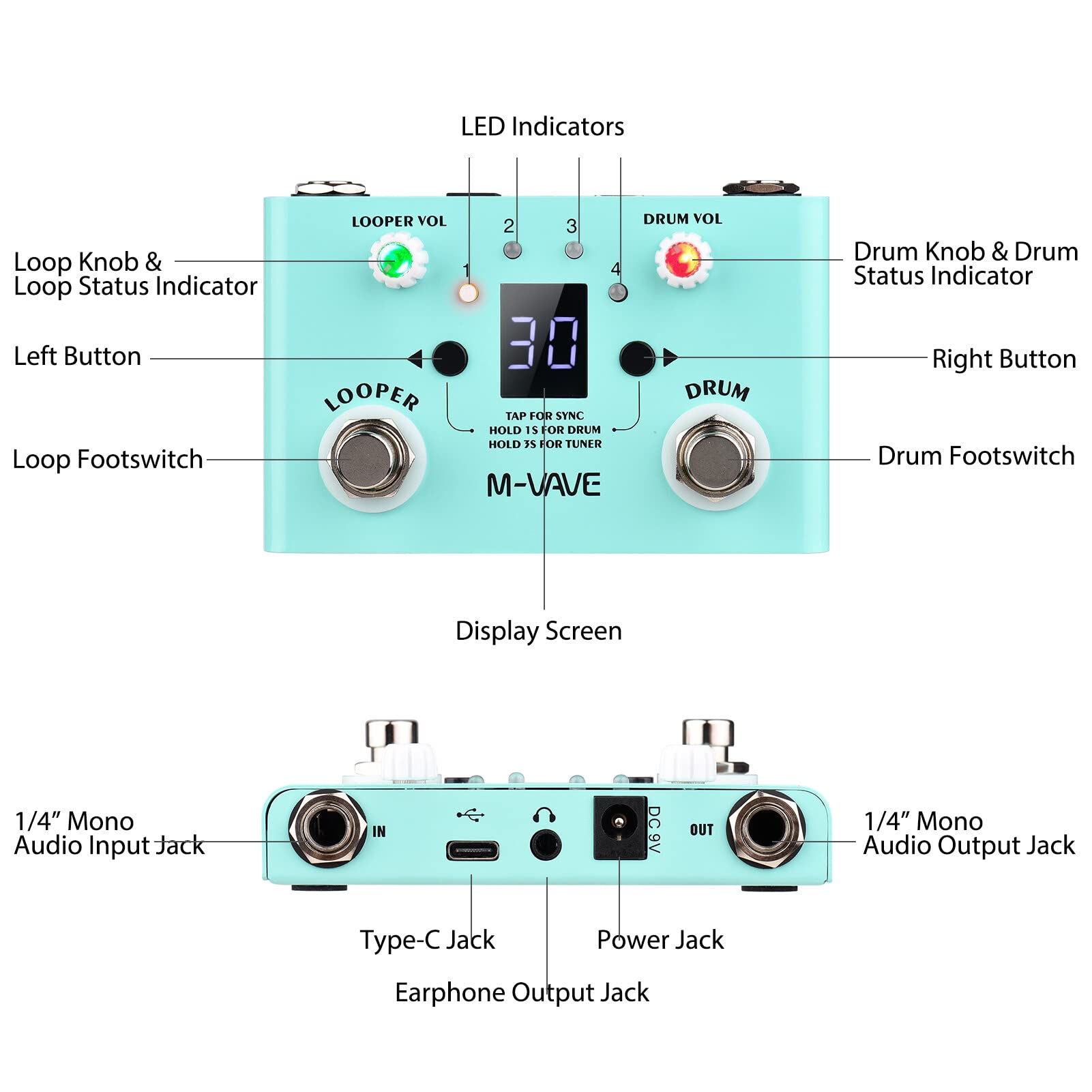 LOST TEMPO Pedal de efectos Drum & Looper Effector Mini 2-in-1 Looper & Drum Machine Footswitch Looper Pedal Looper Pedal de guitarra 30 tambores y 4 bucles Sintonizador de alta precisión