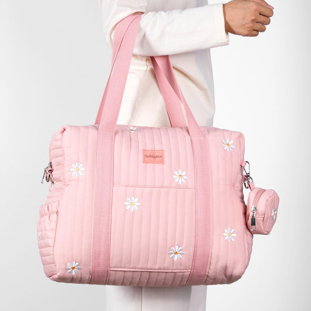 GOBABYMART - Juego de 3 bolsas de pañales, bolsa de hospital para trabajo y parto, bolsa de viaje de maternidad con cambiador y estuche para chupete, Medio - Flores rosadas, 15 inches x 12 inches x 6