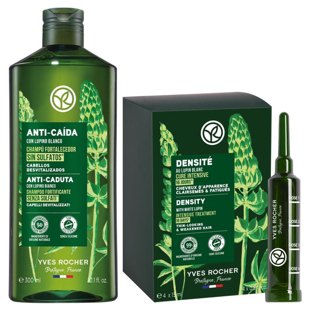 Set Triple Acción Yves Rocher ANTI-CAÍDA: Shampoo Fortalecimiento y Densidad Cabello + Ampolletas Estimulantes Crecimiento con Fructanos Agave y Lupino Blanco