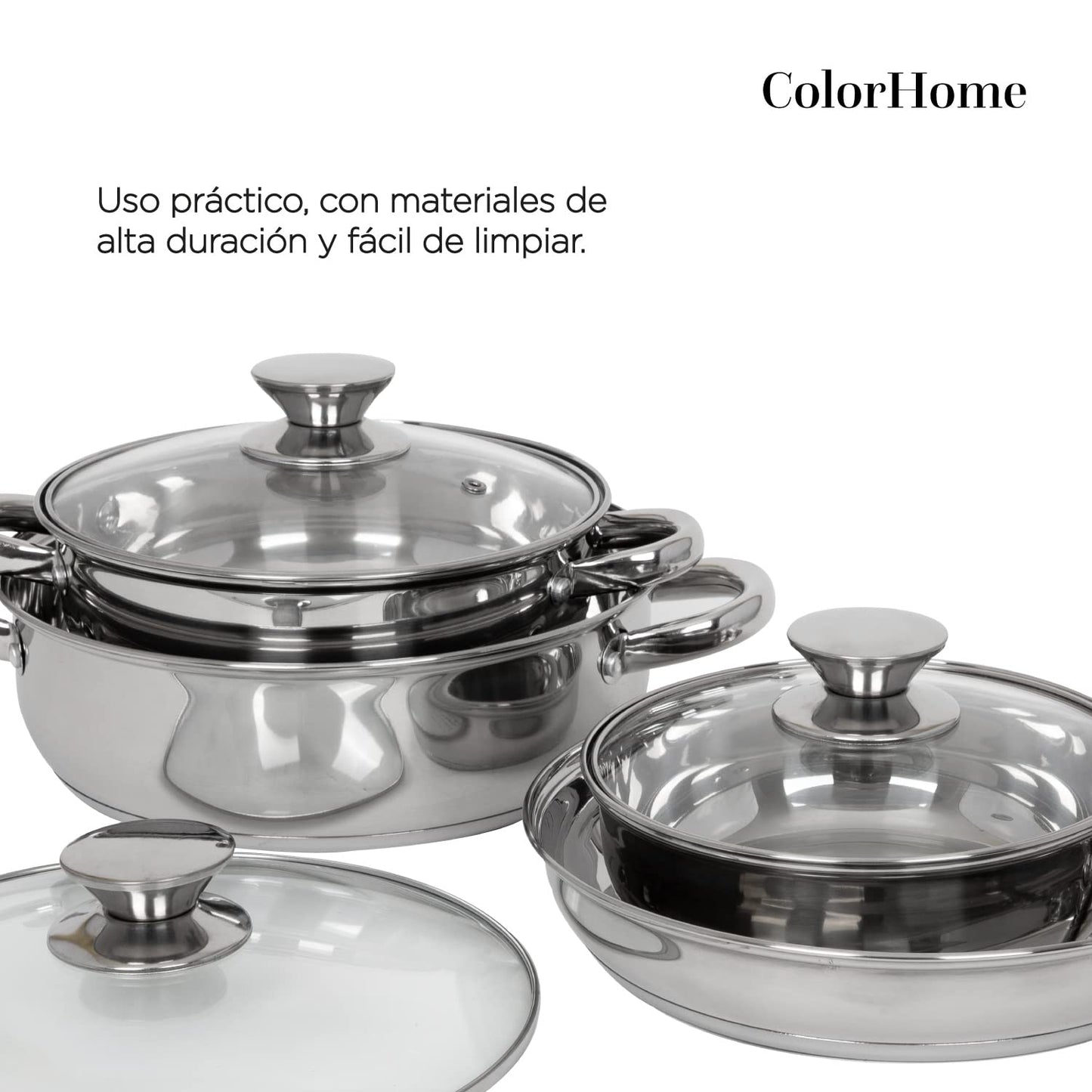 COLORHOME | Batería de Cocina Acero Inoxidable - 7 Piezas - Triple Capa Y Tapas de Vidrio Templado - Juego de Caserolas de Cocina y Sartén - Utensilios de Cocina