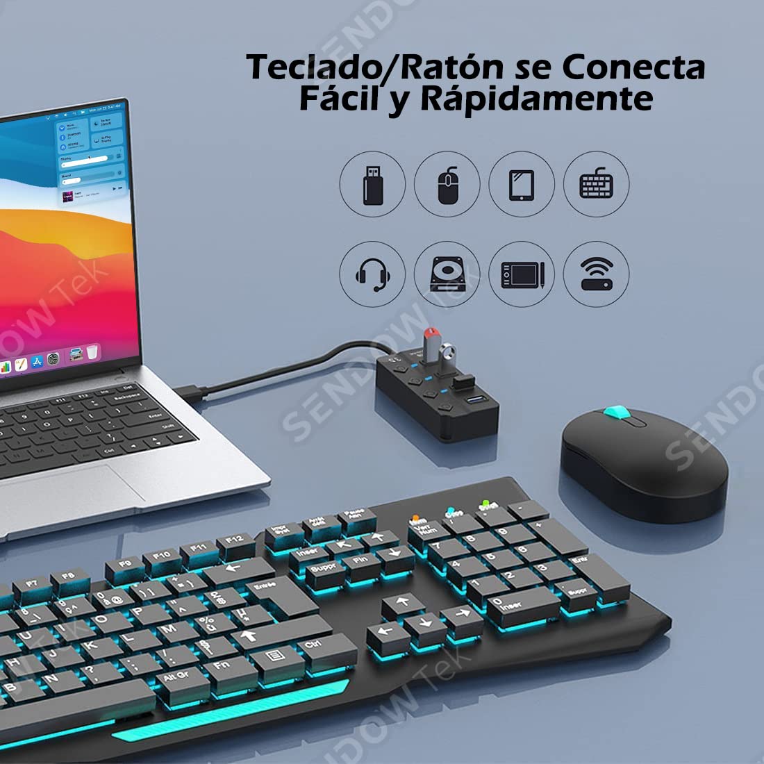 Hub USB Sendowtek Negro 3.0 Universal de 4 Puertos con Interruptores y LED
