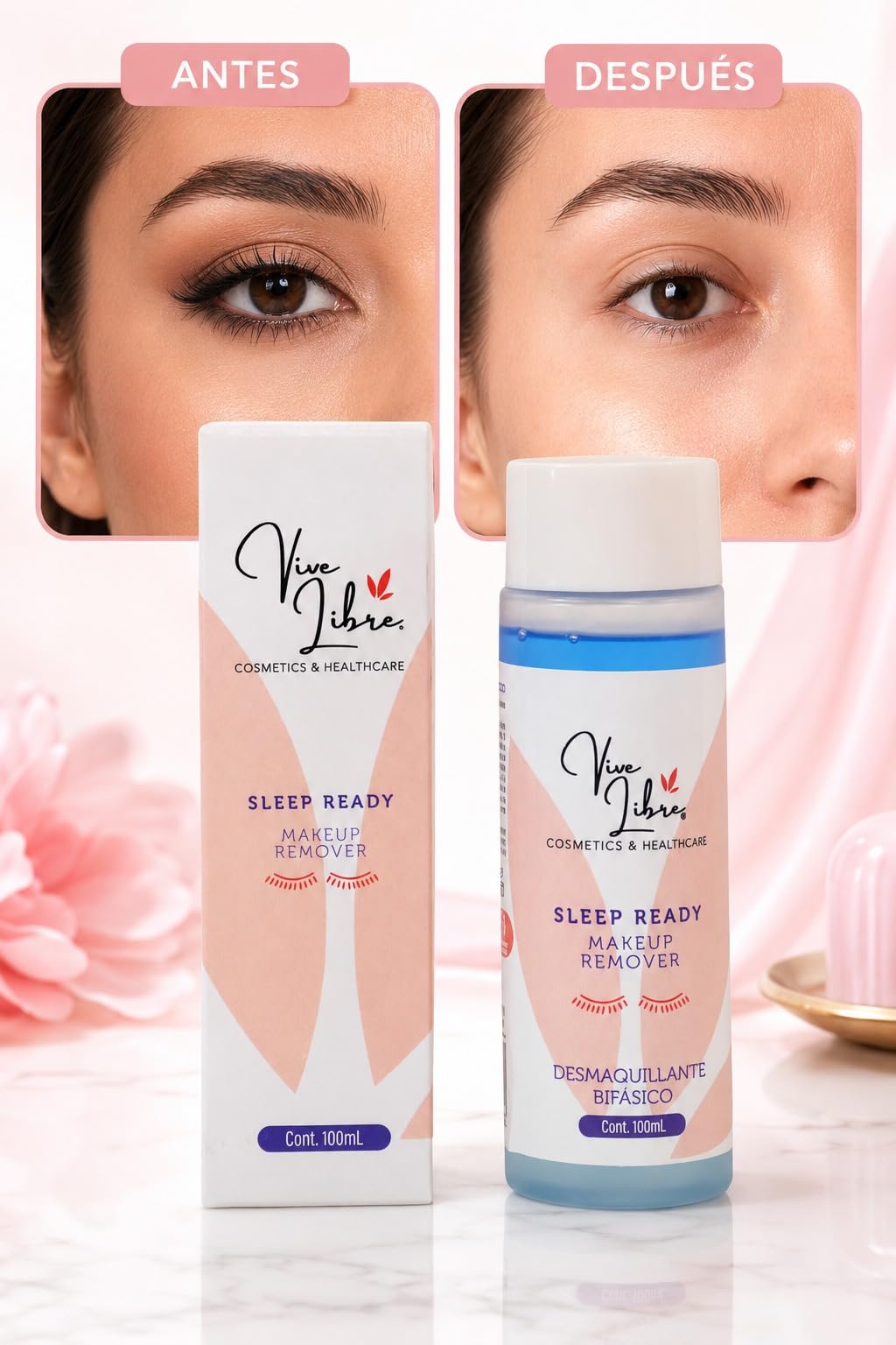 Sleep Ready Makeup Remover- Desmaquillante Bifásico- Elimina el Maquillaje a Prueba de Agua- Vive Libre Cosmetics