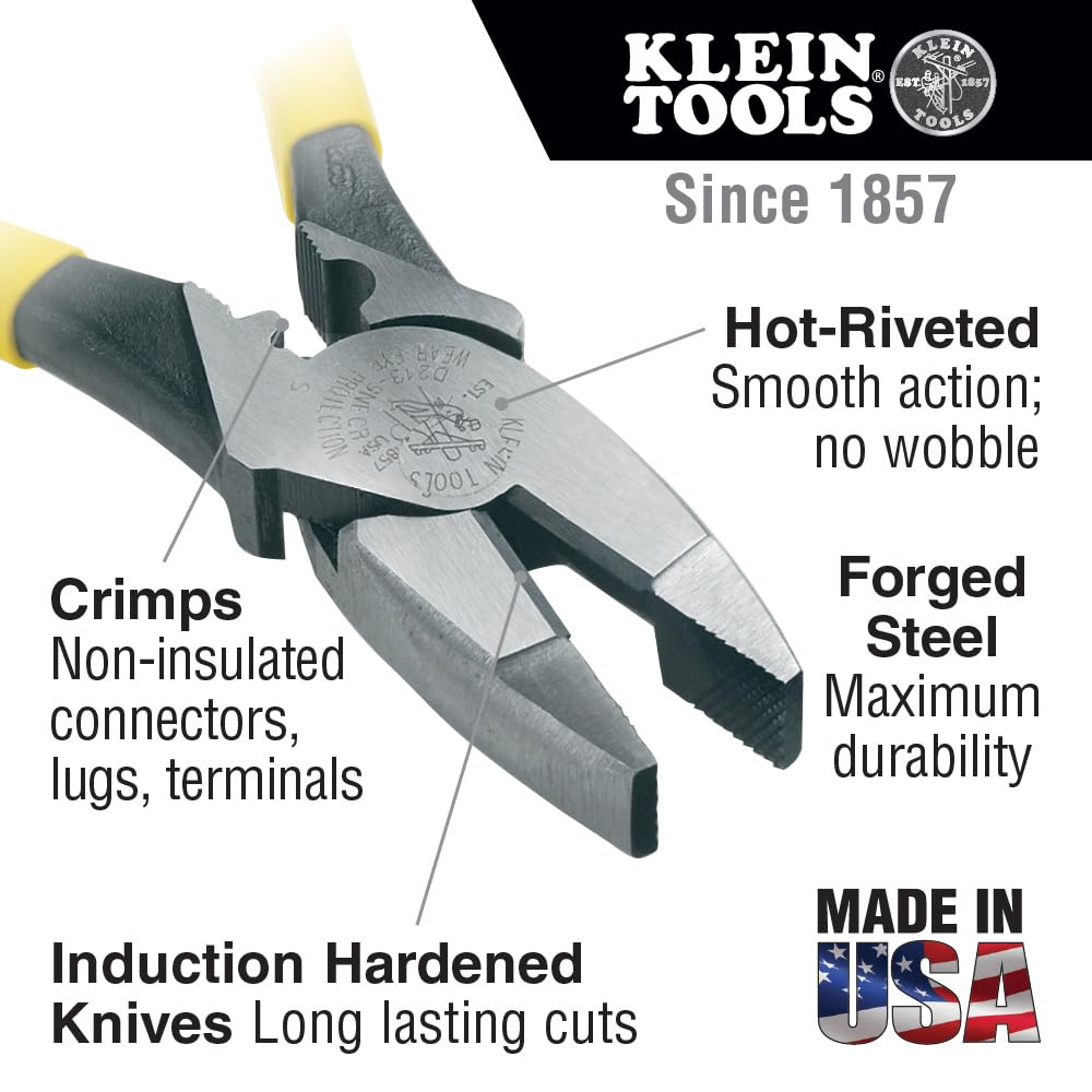 Klein Tools D213-9NE-CR - Alicates de crimpado de lineman, diseño aerodinámico de alto apalancamiento hecho de acero endurecido por inducción, 9 pulgadas