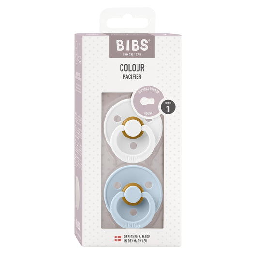 BIBS Chupones Colour Pack de 2, Tetina redonda de látex natural, Talle 1, Color White/Baby Blue, 0 a 6 meses, Hecho en Dinamarca