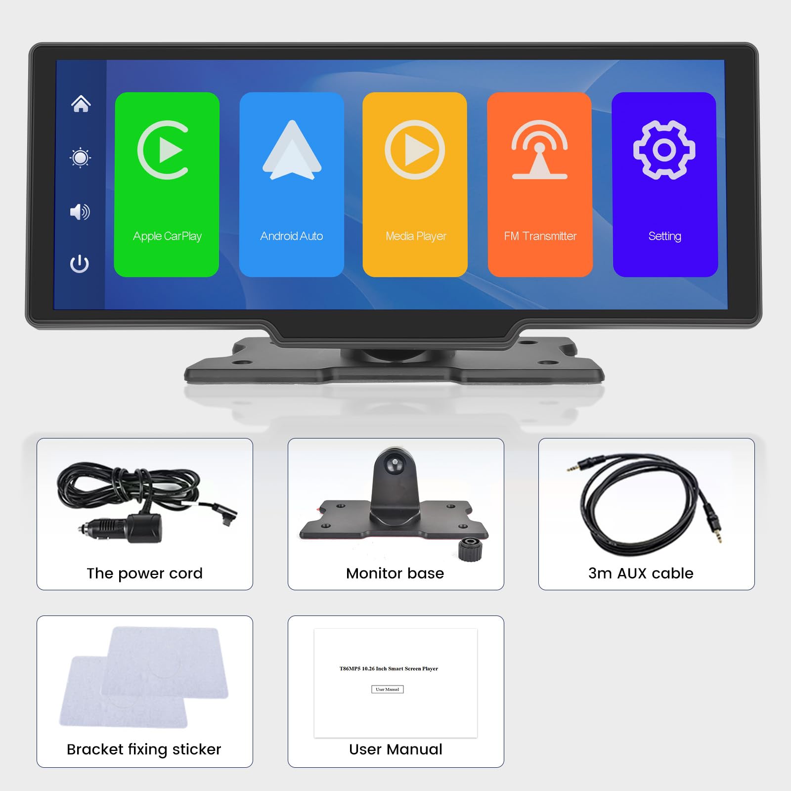 Carplay - visualización estéreo de 10.3 pulgadas HD inalámbrica portátil para coche Buddy con visualización táctil, reproducción de coche y transmisión automática de Android FM Bluetooth para