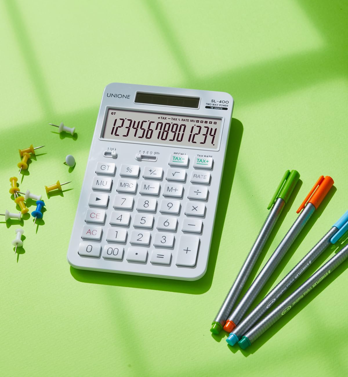 Calculadora UNIONE blanca de 14 Dígitos con Pantalla LCD Brillante para Negocios, Oficina y Escuela Secundaria