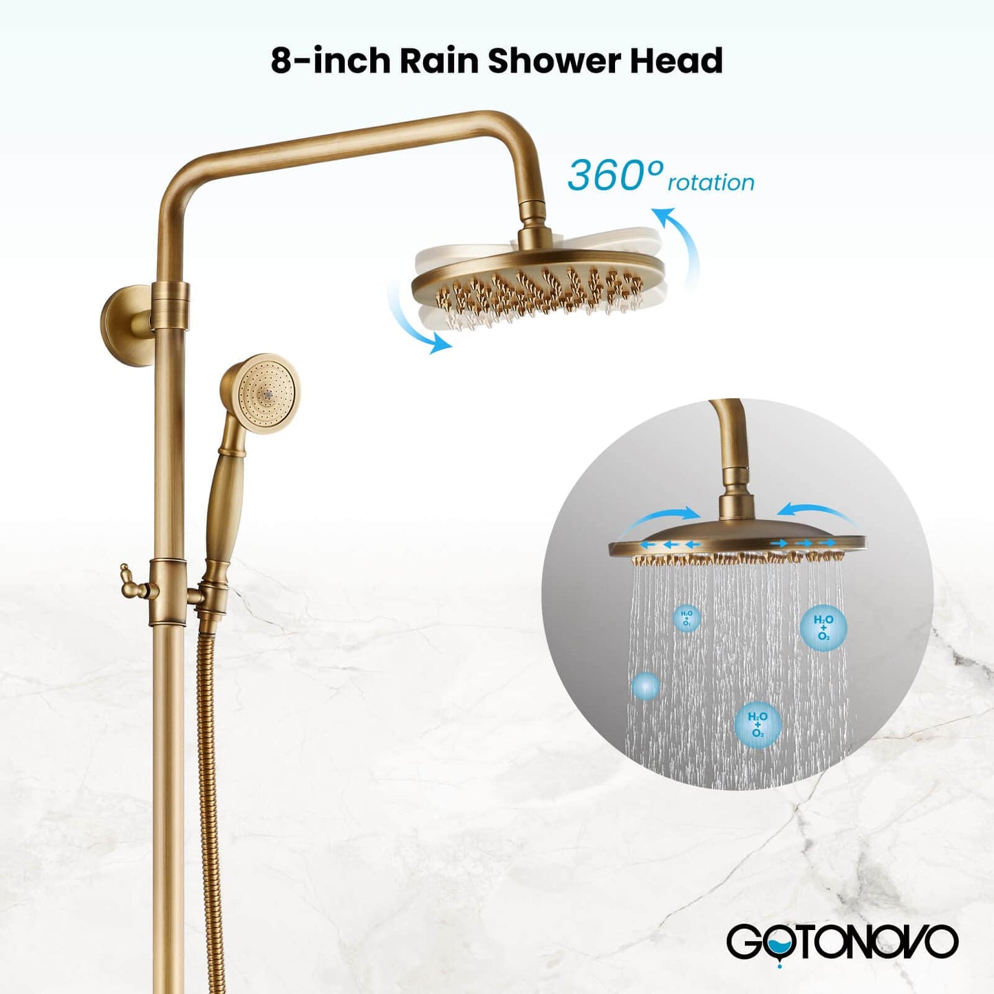gotonovo Grifo de ducha de latón antiguo expuesto de 8 pulgadas, cabezal de ducha de lluvia montado en la pared con estante de ducha, asas dobles cruzadas, sistema de ducha de mano ajustable, doble función