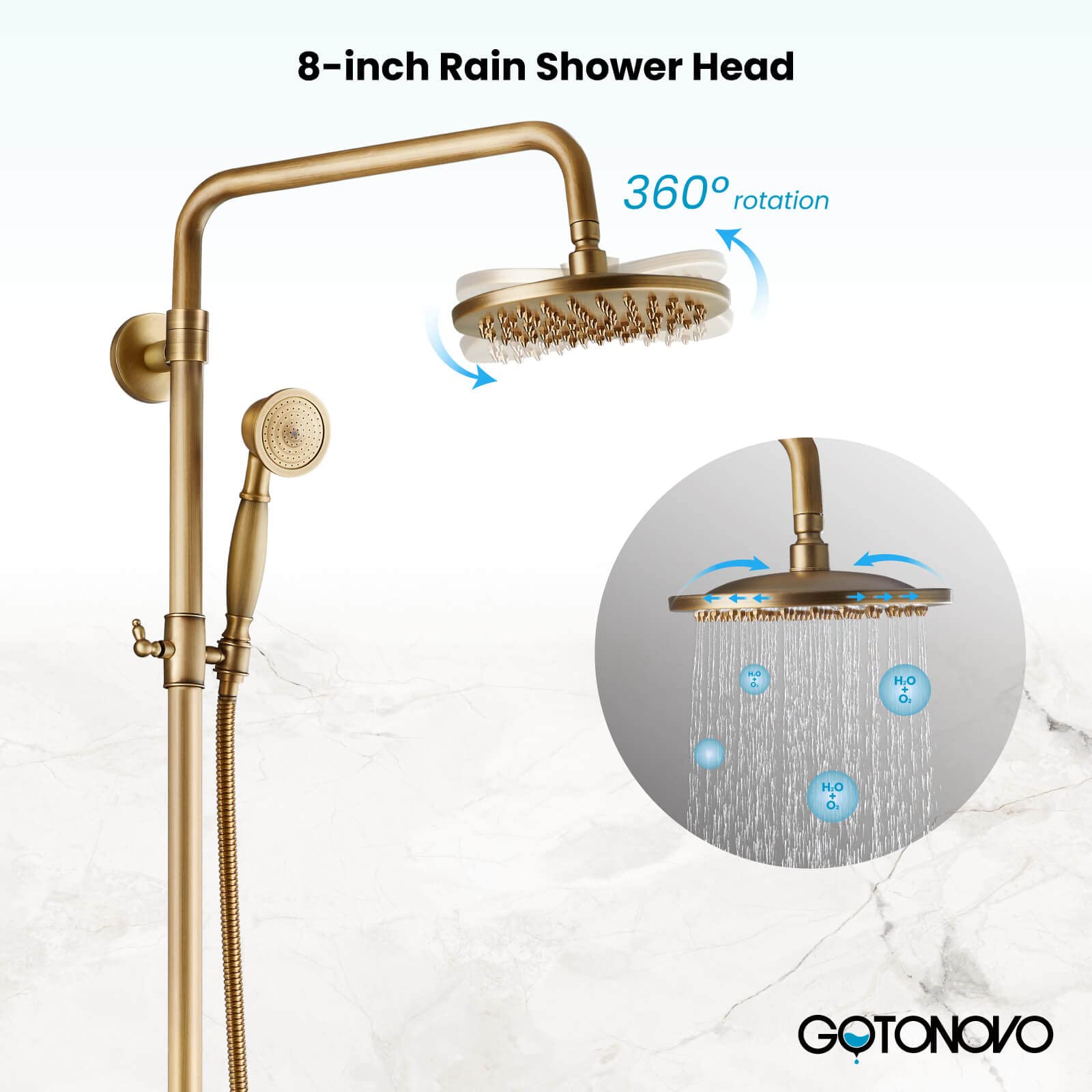 gotonovo Grifo de ducha de latón antiguo expuesto de 8 pulgadas, cabezal de ducha de lluvia montado en la pared con estante de ducha, asas dobles cruzadas, sistema de ducha de mano ajustable, doble función
