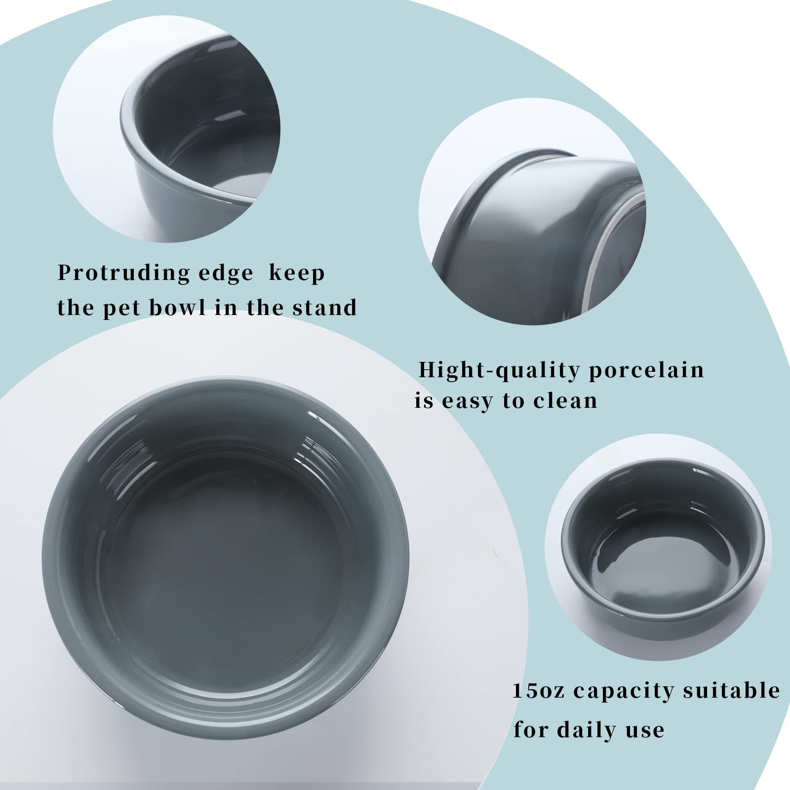 GDCZ Ceramics - Cuencos para Perros pequeños con Soporte de Metal Elevado para Comida de Mascotas y Platos de Agua, 15 onzas (Gris)