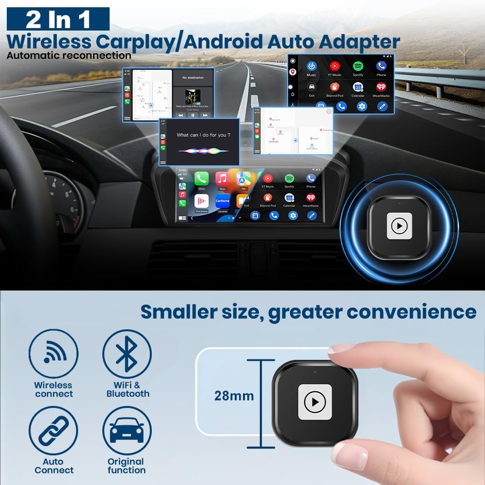 Adaptador Inalámbrico Mini Pyniro Blanco 2 en 1 CarPlay y Android Auto Plug & Play para iOS 10+ y Android 11+