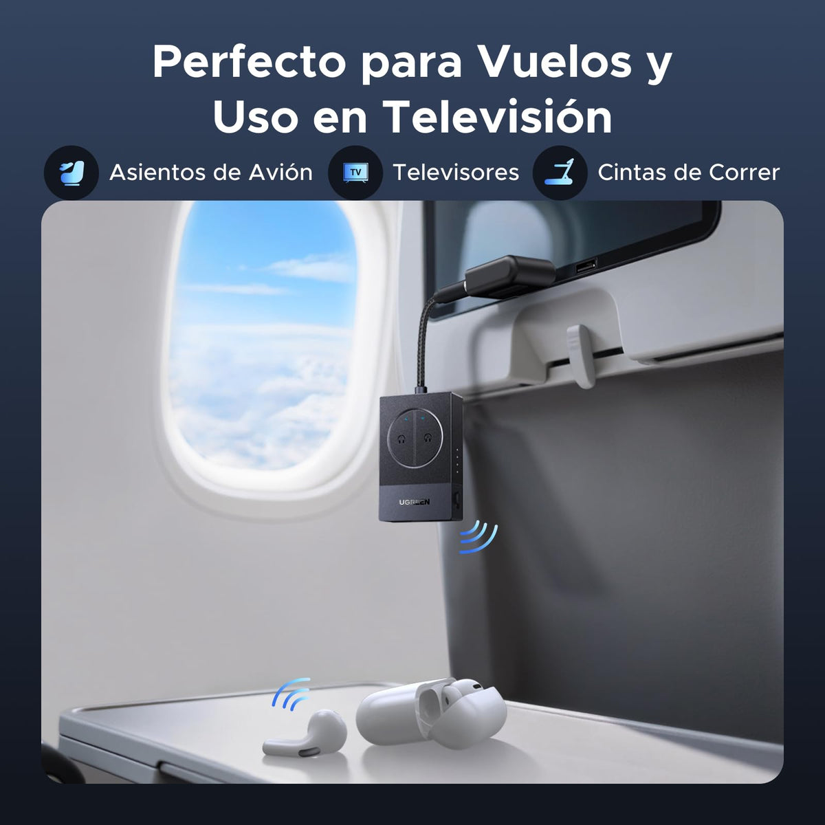 Transmisor Bluetooth 5.4 UGREEN Negro con Batería 19h para Avión