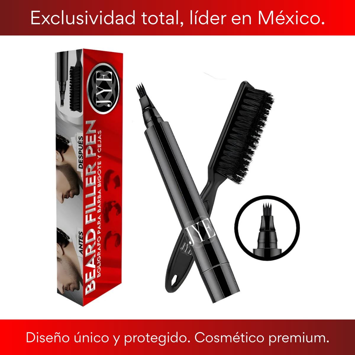 JYE Kit de BOLIGRAFO y PINCEL para rellenar huecos de barba y Bigote, Impermeable, Cubre canas. Incluye tratamiento natural para crecimiento de barba y aceite para barba JYE