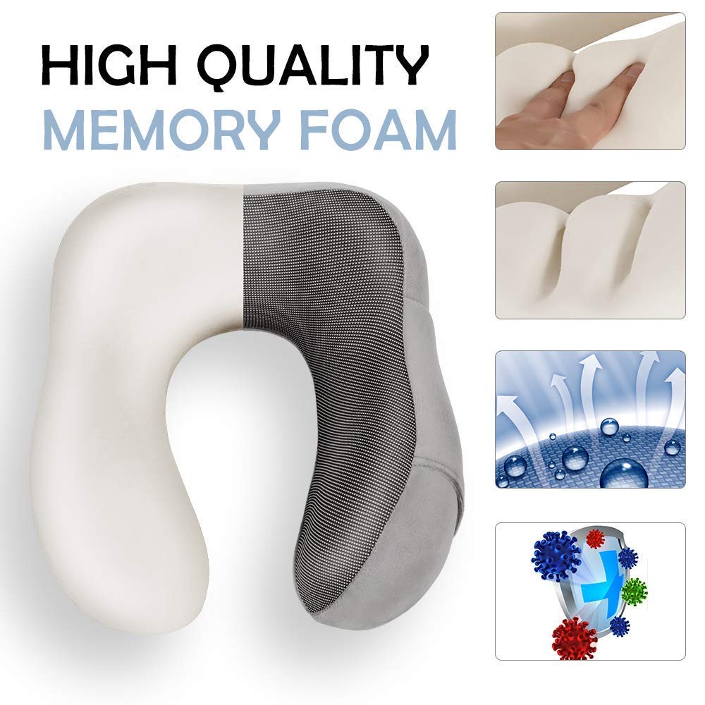 Almohada de Viaje MCSWKEY Gris Oscuro Viscoelástica con Soporte Cervical y Accesorios
