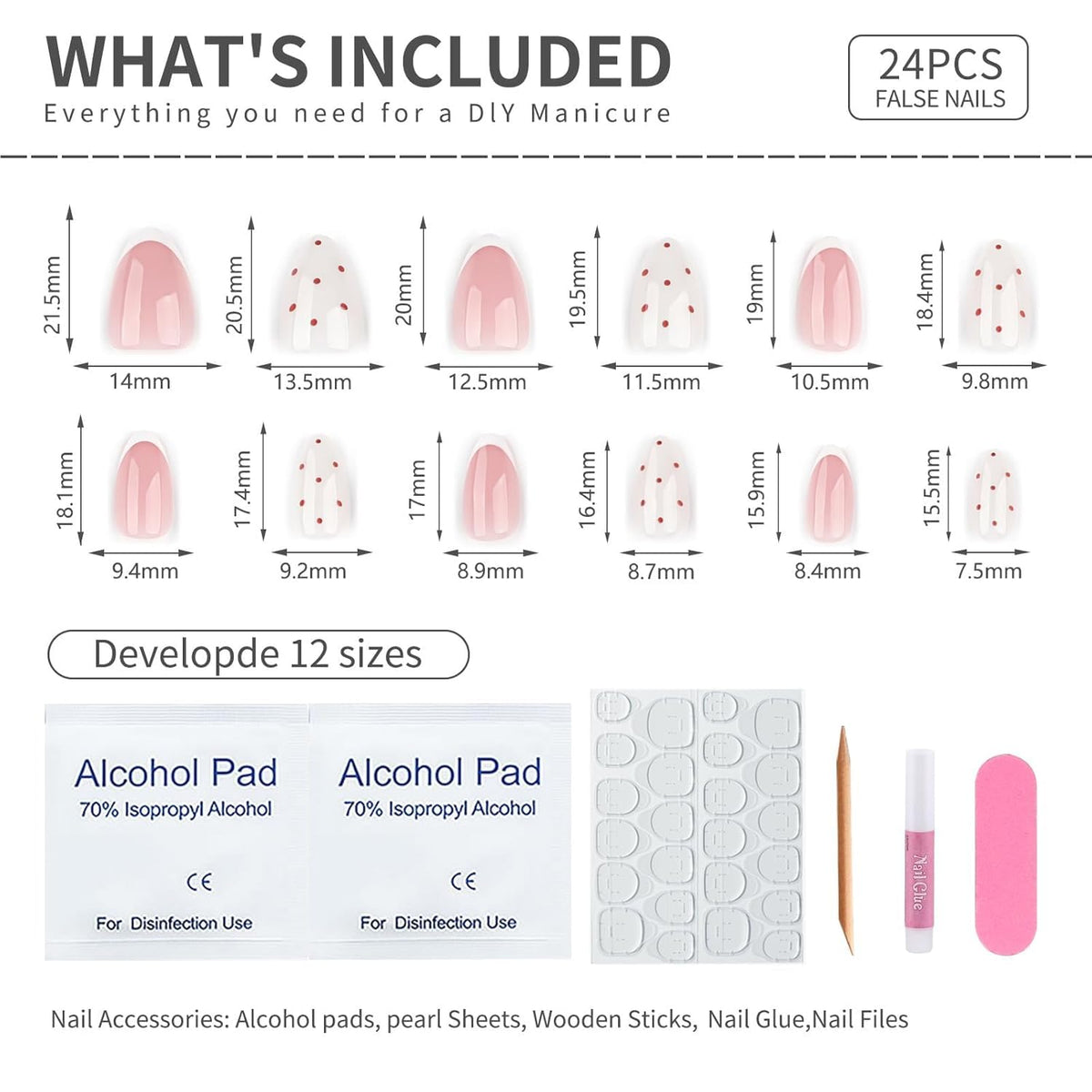 Uñas Postizas de Cortas Largas de Francesa, Adhesivas Uñas Press on Nails de Cobertura Completa, Uñas Falsas Decoradas Acrílico Natural para Mujeres y Niñas (K, 1ml)