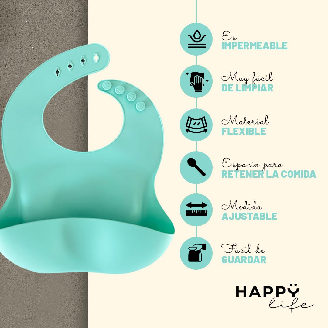 HAPPY LIFE baberos para bebe de silicona suave grado alimenticio, set 3 baberos impermeables, BPA FREE, para alimentacion complementaria de bebé (niño I azul)