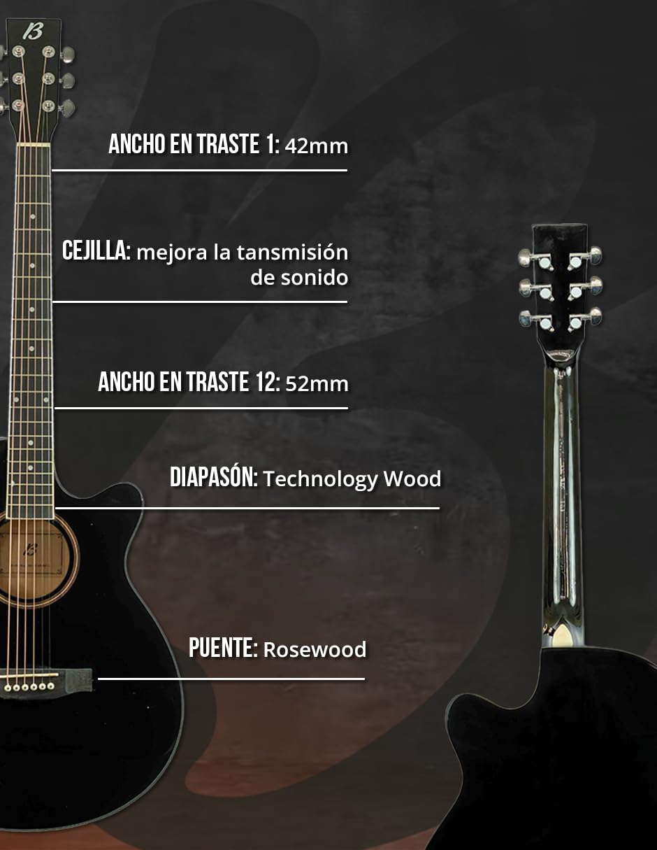 BAMBOO, Guitarra Electroacustica Negra Linden 40 - Incluye Funda - Guitarra Acustica con corte y equalizador para principiantes.