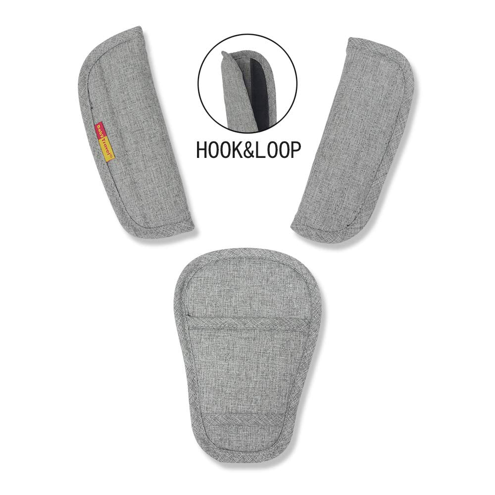 3 piezas de fundas para correas de asiento de coche de carriola de bebé y almohadilla para entrepierna combo gris, fundas para correas universales suaves para recién nacidos, bebés, niños