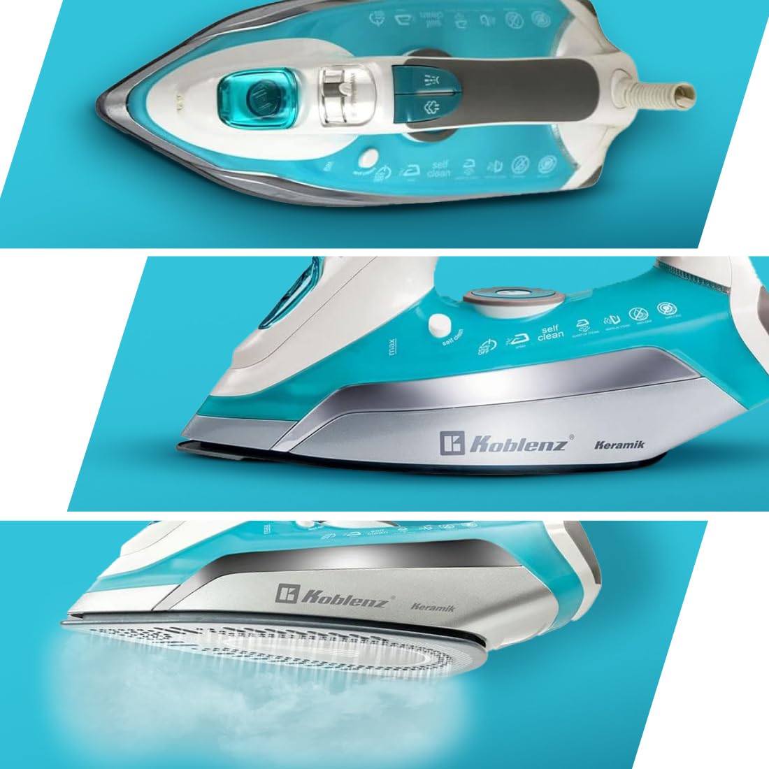 Koblenz Plancha de Vapor Koblenz Secure Keramik Pro de 1600 W y tanque de agua de 350ml con Suela Cerámica, Sistema que Evita el Sarro, Anti-clac, Cable con rotación de 360°, Aqua con Plata (PKK-750 SA)
