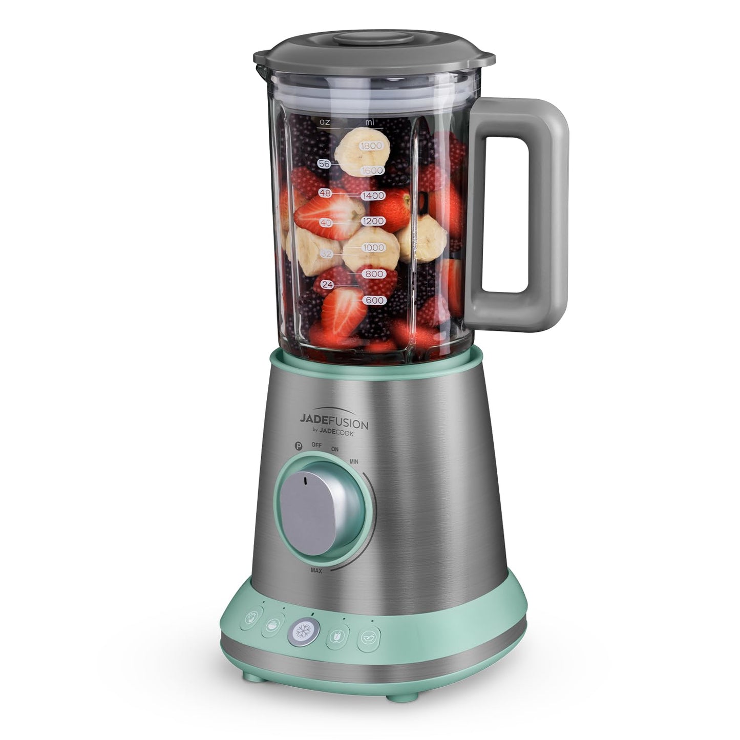 JADECOOK Procesador de Alimentos JADE FUSION Licuadora 8 Piezas Vaso de Vidrio 1.8 Litros 1500 Watts Tritura Bate Mezcla Cuchillas de Acero Inoxidable 2 Vasos Libres de BPA Smoothies Batidos Frappe