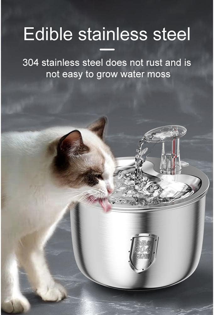 AILRINNI Fuente de Agua para Gato - Dispensador Automático de Agua para Mascota de Acero Inoxidable de 2L/67 oz, Ultra Silenciosa y 1 Filtros de Carbón Activado