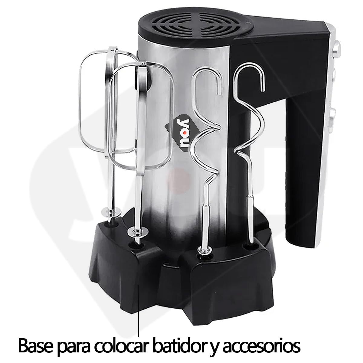 Batidora De Mano Electrica 5 Velocidades 800w Funcion Turbo Cilindrica Con base y Accesorios
