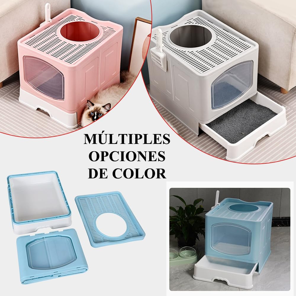 Jiula Caja de Arena para Gatos Plegable Cerrada, Caja de Arena con Cajón y Cuchara, Fácil de Limpiar, Adecuada para Viajar con Mascotas, Puerta Lateral Móvil Dos Direcciones, Azul, 41 * 51 * 44 CM