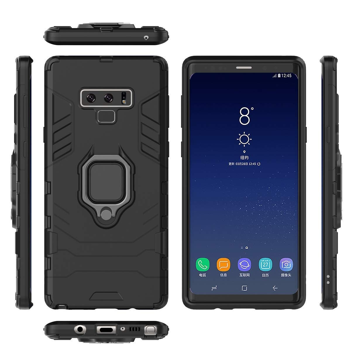 Compatible con Galaxy Note 9 Funda, Anillo Metálico Sujeción Soporte Antichoque Rígido Caja (Funciona con el Montaje de Coche Magnético) Doble Capa Sólido Case Carcasa para Samsung Galaxy Note 9 (Negro)