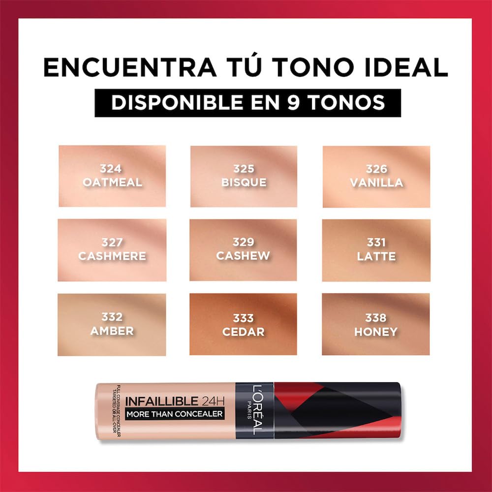 L´Oréal Paris, Corrector liquído de larga duración 24h, Infallible More than concealer,Tono 338 Honey, 14.4ml