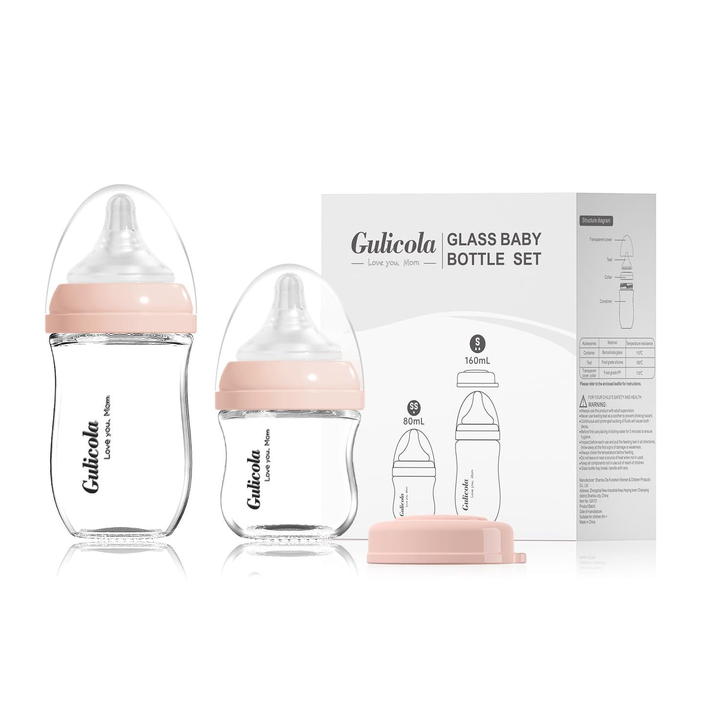 Gulicola - Juego de biberones de vidrio natural para recién nacido, 3 onzas y 5 onzas con flujo extra lento y pezón de flujo lento, anticólicos, 0-3 meses, paquete de 2 unidades, color rosa