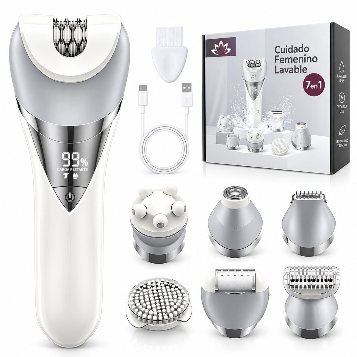 Depiladora Electrica Mujer 7 en 1, Maquina Depiladora con Pantalla Digital, Recargable USB, IPX6 Impermeable Portátil, Afeitadora Femenin sin Dolor, para el Vello Facial, Piernas, Axilas y Bikini