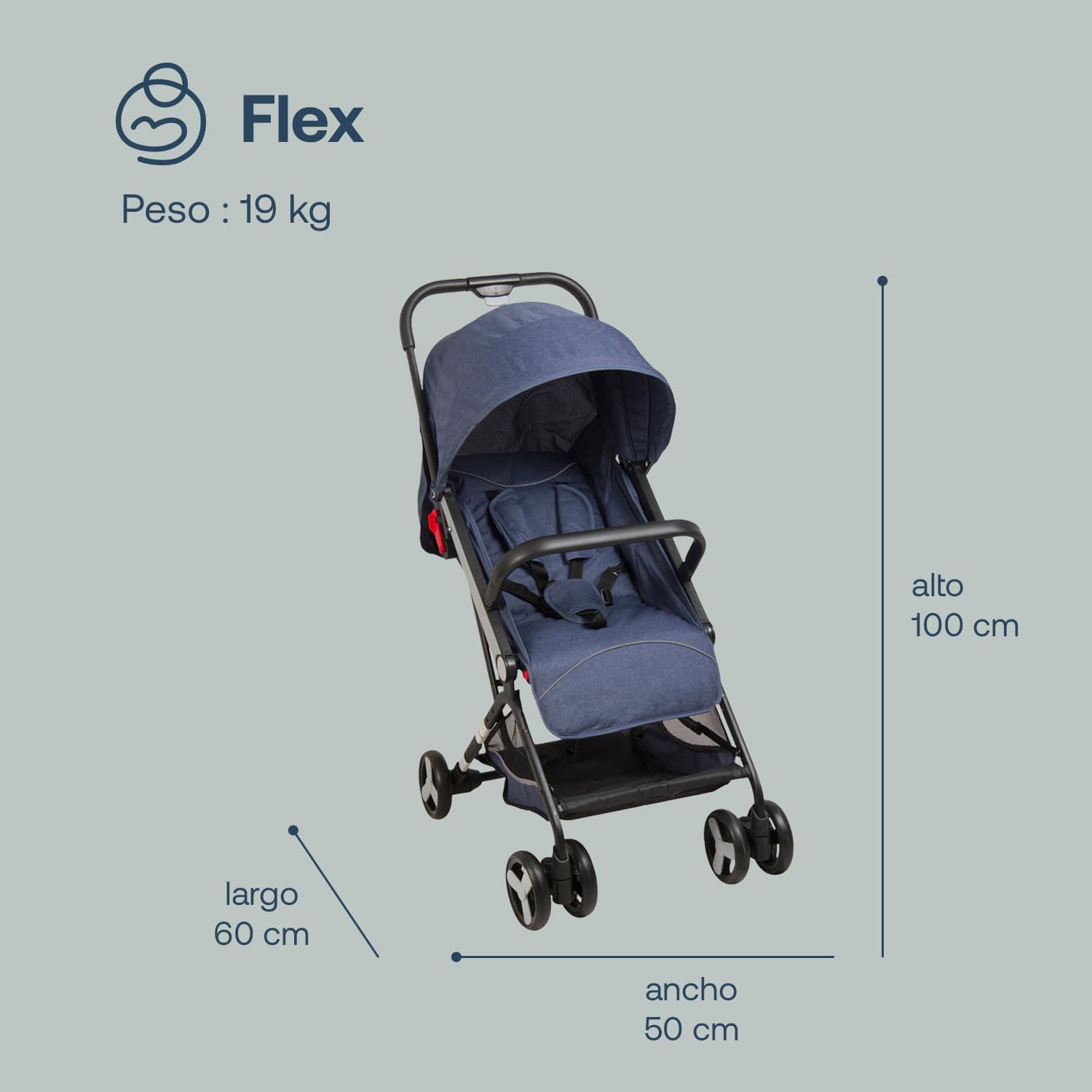 Bebesit Carriola para bebe Flex - Reclinable - Carriola de Baston Ligera con Cinturón de 5 puntos - Recién Nacidos a 4 Años o hasta 15 kilos - Compacta, Liviana y Plegable - Carriola de Viaje