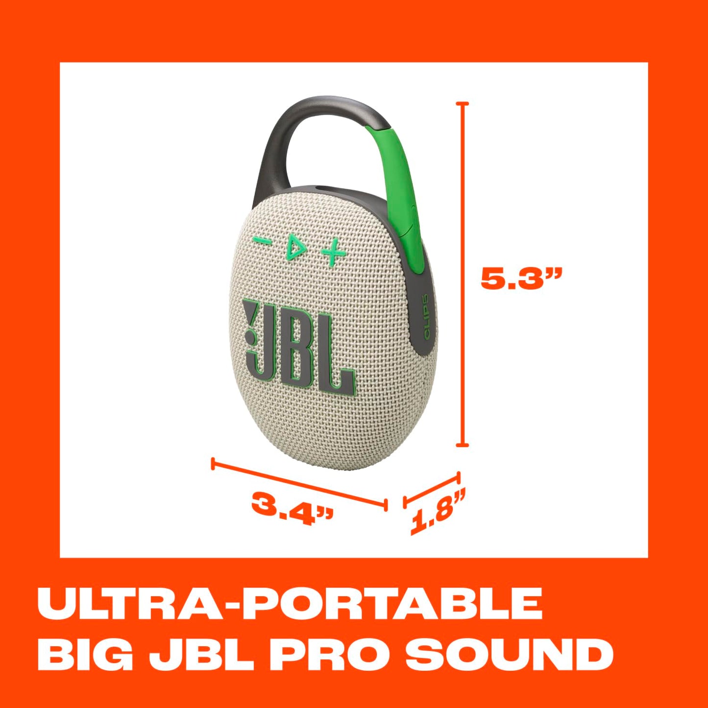 JBL Clip 5 - Altavoz Bluetooth ultraportátil, Impermeable y a Prueba de Polvo, Sonido Big Pro con Graves impactantes, mosquetón Integrado, hasta 12 Horas de Juego, Fabricado en Parte con Materiales