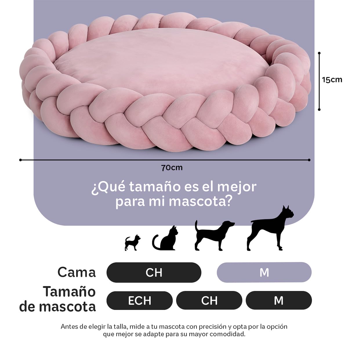 Cama Redonda para Perro y Gato Esquimal Rosa Trenzada Antiestrés Mediana Lavable