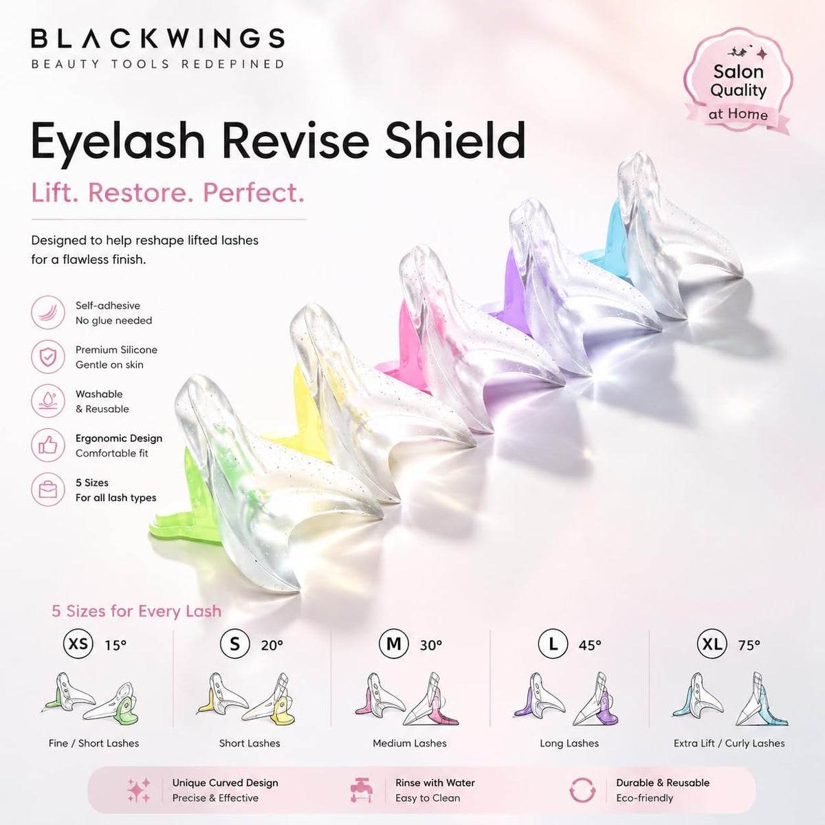 BLACKWINGS - Almohadilla de revisión de pestañas, 5 tamaños, protectores de fijación de pestañas, reutilizable, separador de pestañas, herramienta de elevación de placas de silicona con caja