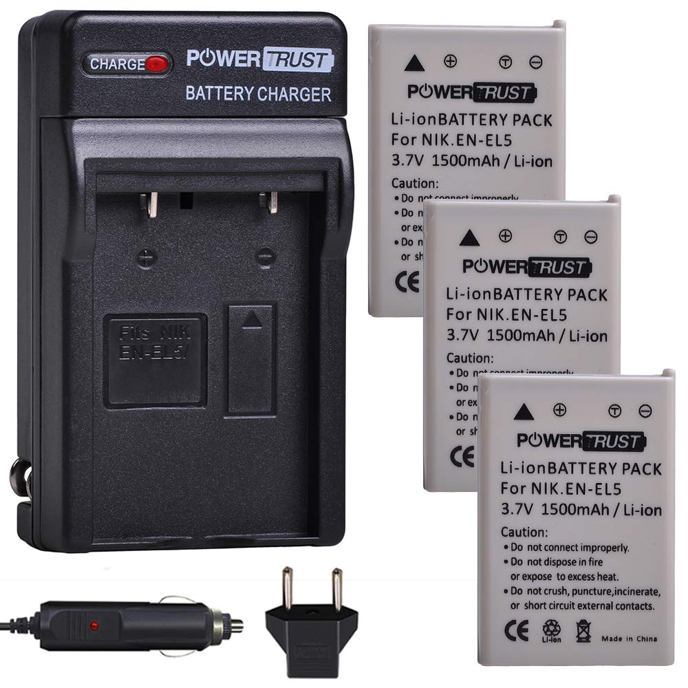 Kits de Batería y Cargador Rápido PowerTrust Nikon Negro Compatibles con EN-EL5 para Cámara CoolPix