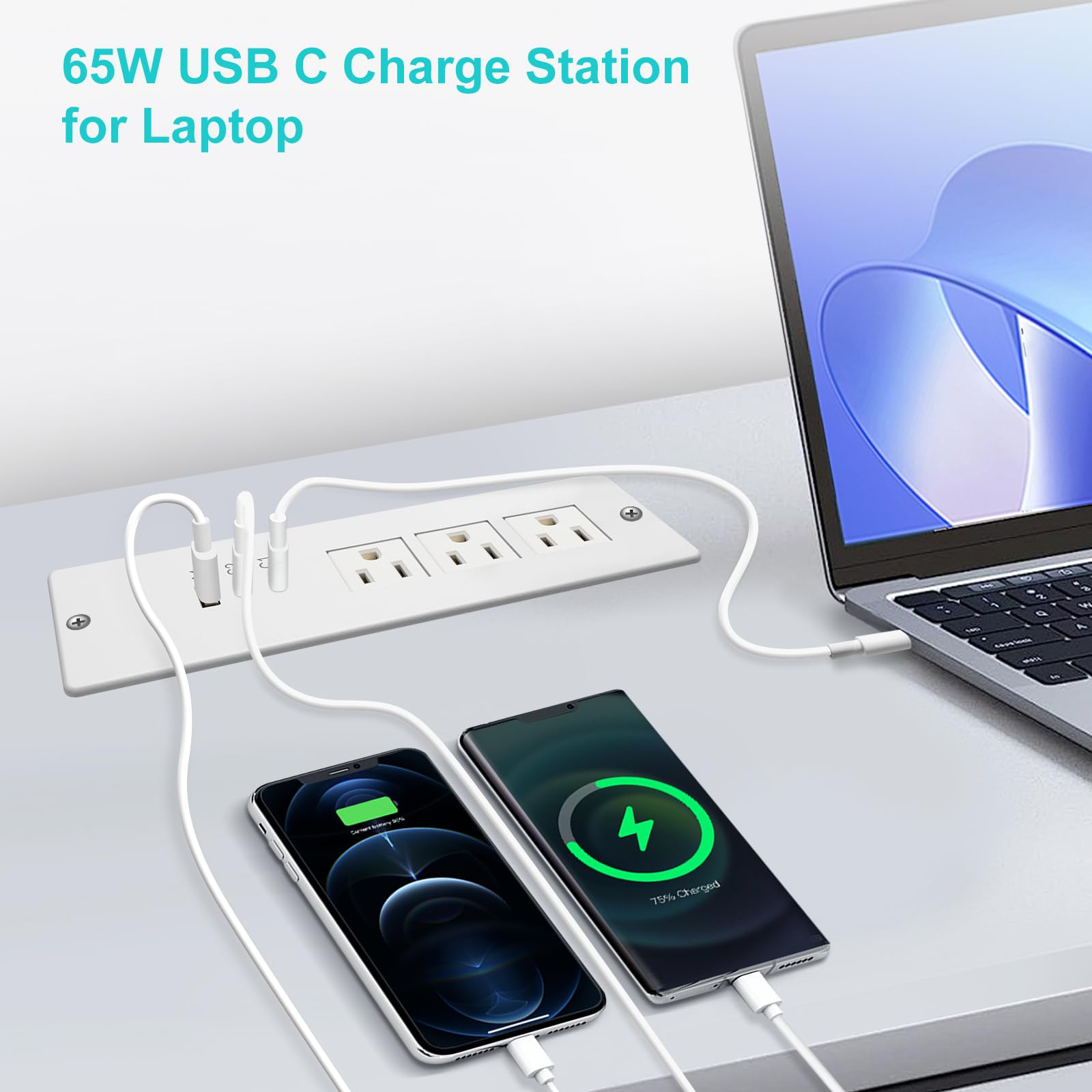 4 LEAF Regleta de Enchufes Empotrada USB C 65W,Enchufe de Escritorio Empotrable 3 Tomas 3 USB (PD 65W& QC60W,) Cable de Alimentación de 2 Metros Enchufe Plano de Carga Rápida Empotrable para Muebles