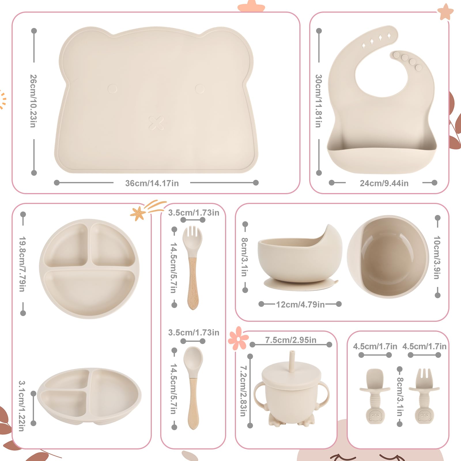 KAREN Platos para bebe silicon,9 Pcs Vajilla para niños de Silicona de Grado Alimenticio, Sin BPA,con pajitas, Cubierta de merienda,Cucharas y tenedores,baberos,Fácil de limpiar (Blanco)