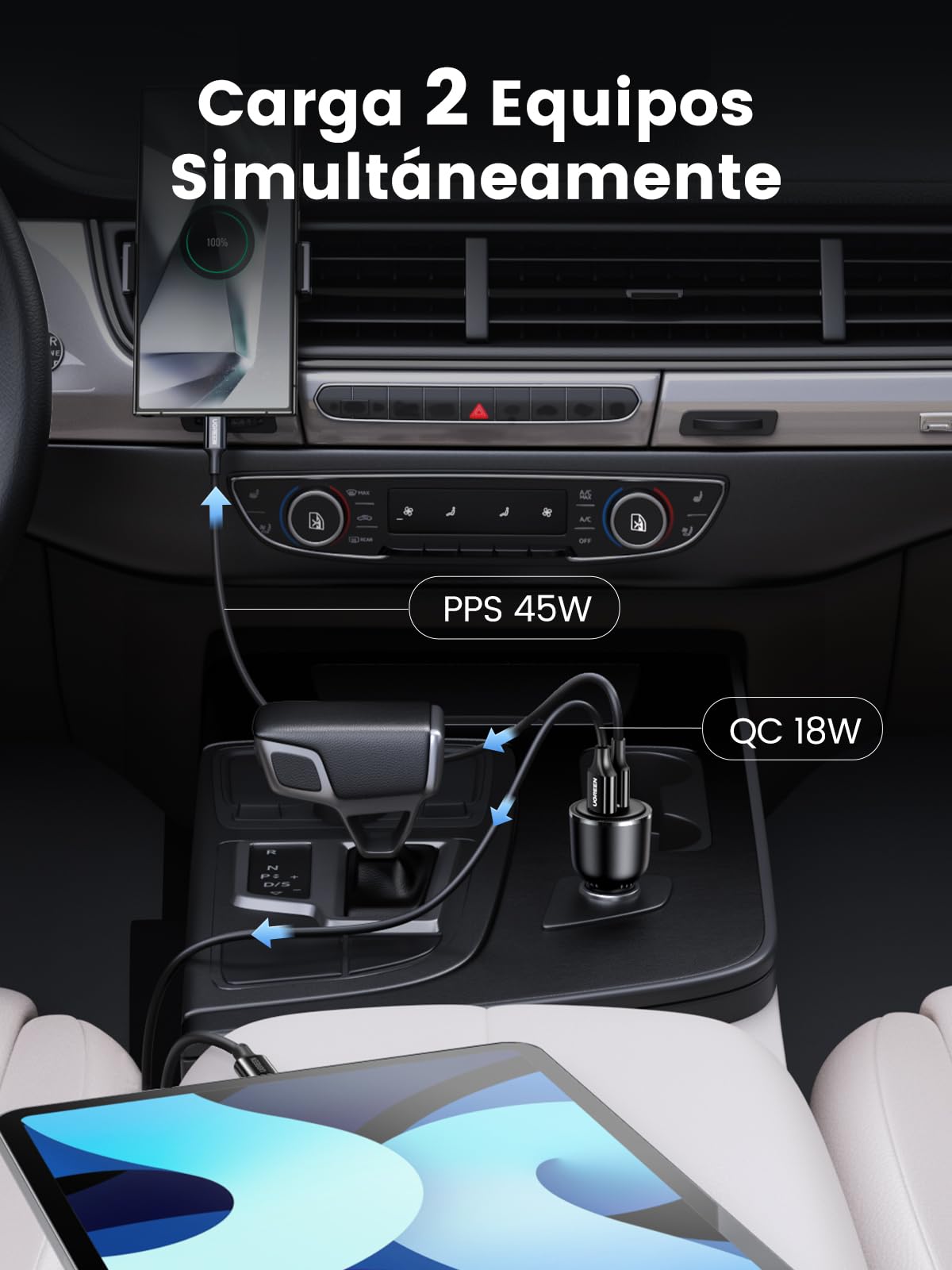 UGREEN 63W Fast Charger Cargador para Auto, Carga Rápida Tipo C Adaptador de Coche PD 45W, Quick Charge QC 18W Comaptible con Galaxy S25 S24 S23 Ultra, iPhone 16 15 14 13, iPad Pro, Redmi, Xiaomi