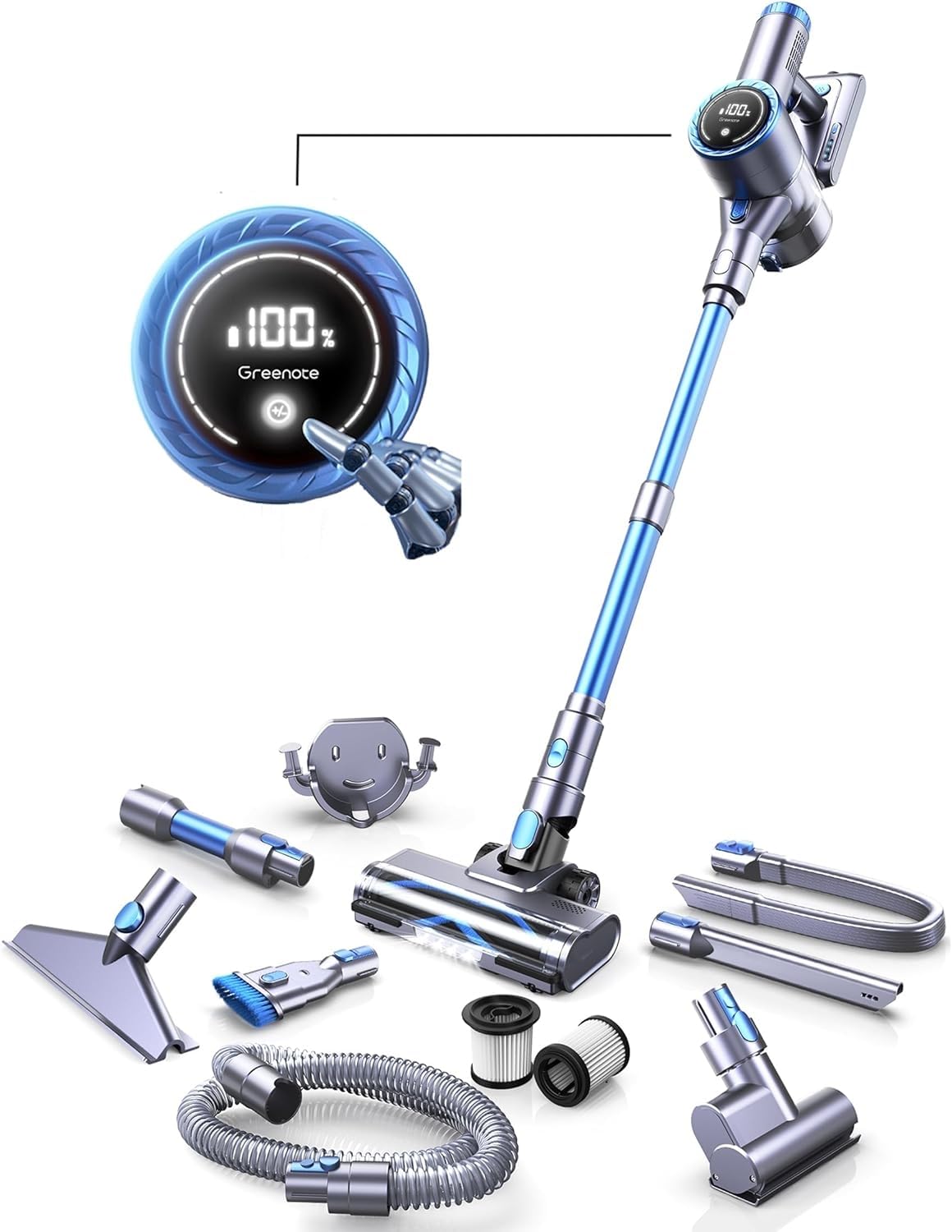 Greenote Aspiradora Inalámbrica Potente, 480W/33 KPA, Accesorio 10 en 1, Pantalla Táctil, Sin Enredos, 55 Minutos de Autonomía, Apto para Suelos Duros, Alfombras y Pelos de Mascotas